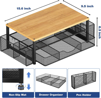 Desk Organizers and Accessories, 2-Tier Computer Monitor Stand with Drawer and 2 Pen Holders, Laptop Stand, Office Desk Accessories for Office Supplies, Oak