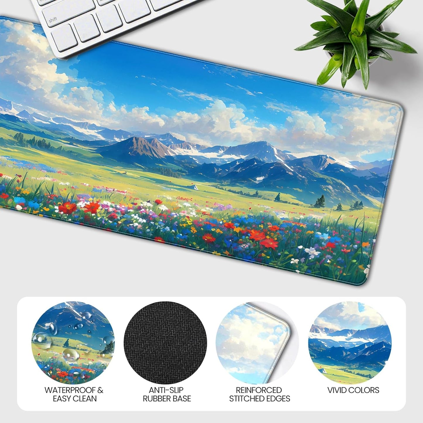 35.4 x 15.7 inches, Large Desktop Mouse pad, Keyboard and Mouse Pads for Work and Home Computers, and Large Laptop Mouse mat，Prairie and Flowers