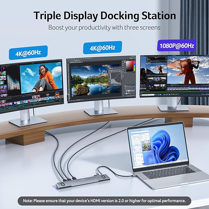 Acer Laptop Docking Station Stand, 11-in-1 USB C Docking Station 3 Monitors with Dual HDMI 4K@60Hz+DP 8K, Ethernet, 10Gbps Data, 100W PD, SD/TF, USB C Dock with Detachable Cable for Acer/Dell/Mac/HP