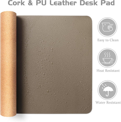 Aothia Dual-Sided Desk Pad - Leather Desk Mat, Natural Cork Desk Pad Protector, Large Mouse Pad for Desk, Waterproof Desk Blotter Pad, Desk Writing Pad for Office Work/Home, Coffee (35.4" x 15.7")