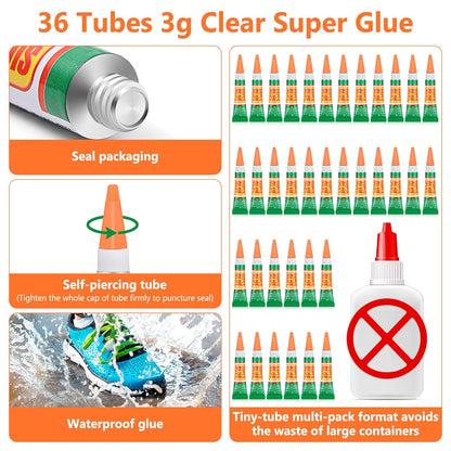 36 x 3g Super Strong Glue for All Purpose, Clear Cyanoacrylate Adhesive Instant Quick Dry Superglue Gel Tubes Bonding Plastic, Metal, Glass, Leather, Wood, Rubber, Jewelry, DIY Crafts Repair