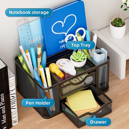 Marbrasse Mesh Desk Organizer, Pen Organizer with 2 Drawer, Multi-Functional Pencil Holder, Desk Organizers and Accessories with 5 Compartments + Drawer for Office Art Supplies (Black)