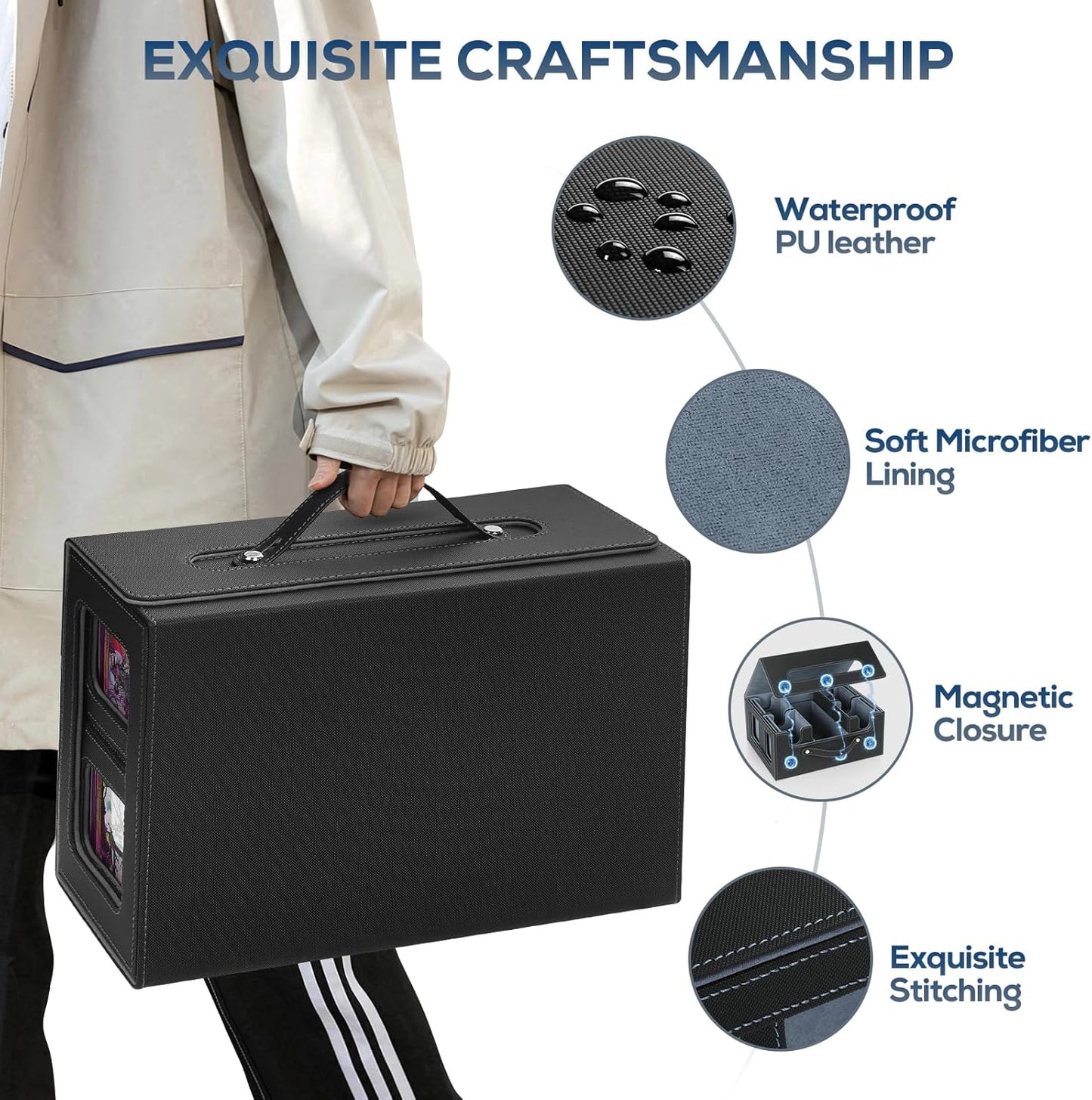 Trading Card Storage Box for MTG, card storage box with Commander Display，Multi-purpose Deck Case for MTG TCG Sports Card, 4 Toploaders, 4 Stoppers, 4 Colorful Dividers (Black & Grey)