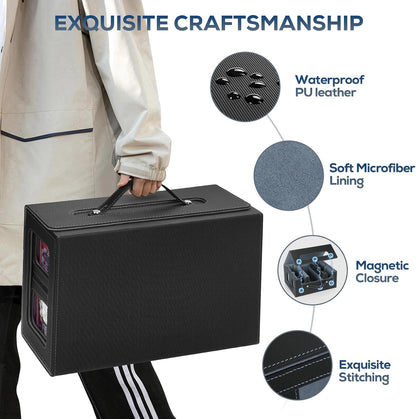 Trading Card Storage Box for MTG, card storage box with Commander Display，Multi-purpose Deck Case for MTG TCG Sports Card, 4 Toploaders, 4 Stoppers, 4 Colorful Dividers (Black & Grey)