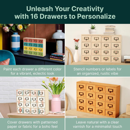 DIY Wooden Desk Organizer with Drawers – Unfinished 16-Drawer Wood Desk Organizer for Crafts, School, or Office – Customizable Wooden Apothecary Cabinet for Creative Storage – Natural Wood Finish