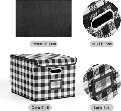 File Organizer Box, Linen Filing Organizer with Lid, Large Desktop File Boxes, Black and White Lattice
