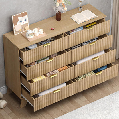 Fluted 8 Drawer Tall Dresser, 47.2" Wide Modern Boho Chest of Drawers, Wooden Storage Dresser TV Stand for Bedroom, Living Room, Closet, Hallway, Curved Profile Design