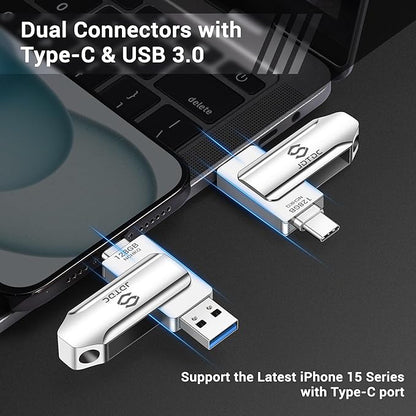 128GB Photo-Stick-iPhone-17/16/15-Flash-Drive iPhone USB C Memory Stick One-Click Backup Photos Videos & Contacts Secure-External-Storage-iPad-Photo-Backup-Thumb-Drive Android-Photo-Storage-Stick