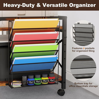 EasyCom Large Printer Stand with File Holder Organizer, Adjustable Height Shelf with Wheels, Rolling Printer Cart with Storage for Printer Scanner Fax Home Office Use Rustic Brown