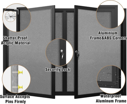48"x34" Enclosed Bulletin Board, Outdoor Lockable Weather-Resistant Aluminum Cork Noticeboard for School & Office, Black Frame w/Grey Flet