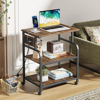 3 Tier Large Printer Stand with Power Outlet/Adjustable Storage Shelf, Rolling Cart with Wheels, Printer Table for Home Office 3D Printer/Heat Press/Laster, 22"×15" Rustic Brown