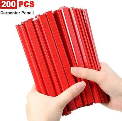 Honoson 200 Pcs Flat Construction Pencils with Printed Ruler Wood Graphite 2 Pcs Carpenter Pencil Sharpener for Woodworking Marking Tool(Red)