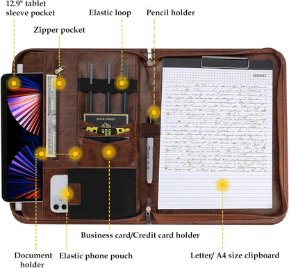 ProCase Portfolio Business Padfolio Folder with Zipper, Conference Meeting Executive File Legal Document Organizer with Pockets Letter Size A4 Writing Pad Notepad Padfolio -Brown