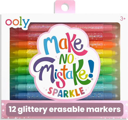 Ooly Make No Mistake Glittery Erasable Markers, 12 Sparkle Markers that are Mess Free that You Can Erase, Colorful Back to School Supplies for Any Arts & Crafts