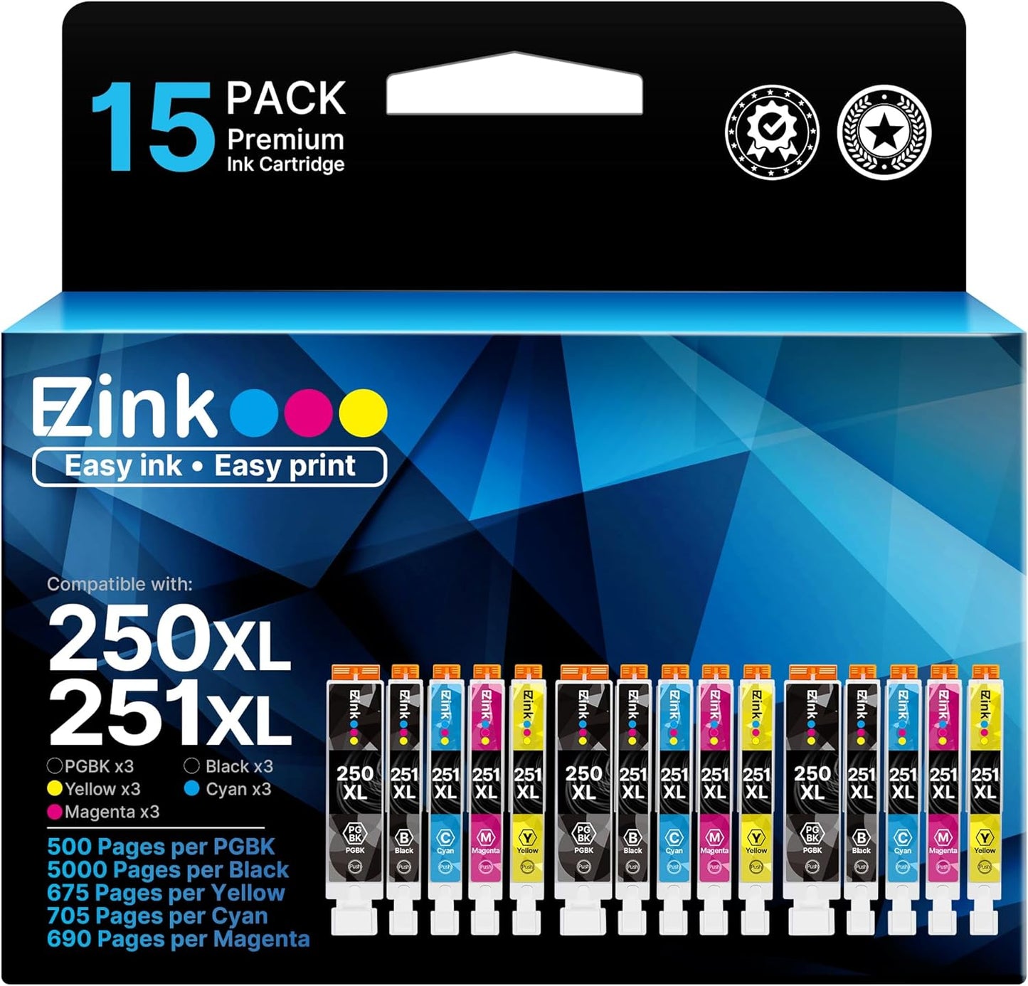 E-Z Ink Compatible Ink Cartridges Replacement for Canon 250 251 XL PGI-250XL CLI-251XL to use with PIXMA MX922 MX920 IX6820 MG5520 MG7520 IP8720 MG6620 MG6320 MG7120 (15 Pack)