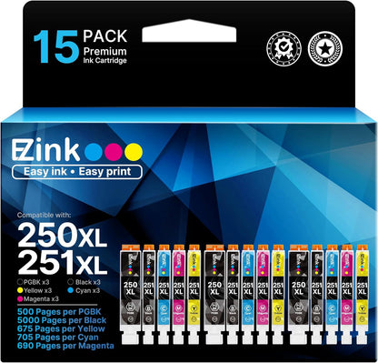 E-Z Ink Compatible Ink Cartridges Replacement for Canon 250 251 XL PGI-250XL CLI-251XL to use with PIXMA MX922 MX920 IX6820 MG5520 MG7520 IP8720 MG6620 MG6320 MG7120 (15 Pack)