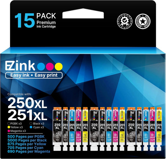 E-Z Ink Compatible Ink Cartridges Replacement for Canon 250 251 XL PGI-250XL CLI-251XL to use with PIXMA MX922 MX920 IX6820 MG5520 MG7520 IP8720 MG6620 MG6320 MG7120 (15 Pack)