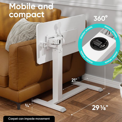 ONKRON Laptop Cart on Wheels, max Load up to 17.6 lbs, Small Rolling Table with Hidden Wheels, Mobile Standing Desk Adjustable Height, 90° Tilting Portable Workstation, Overbed Bedside Desk White