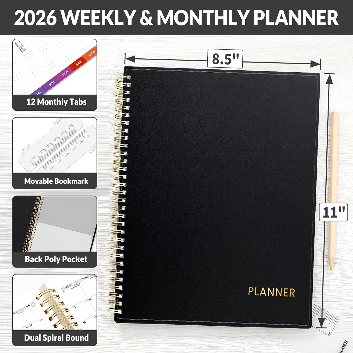 SUNEE 2026 Weekly and Monthly Planner - from January 2026 - December 2026, 8.5"x11" Daily Agenda Planner with Monthly Tab, Flexible Cover, Note Pages, Pockets, Bookmark, Spiral Binding, Black