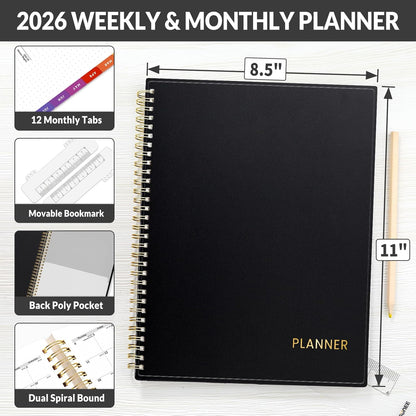SUNEE 2026 Weekly and Monthly Planner - from January 2026 - December 2026, 8.5"x11" Daily Agenda Planner with Monthly Tab, Flexible Cover, Note Pages, Pockets, Bookmark, Spiral Binding, Black