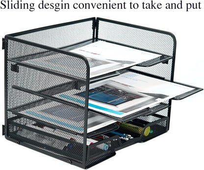 SETTFRFE 4 Tier Mesh Paper Letter Tray,Desk File Organizer with A Sliding Drawer,Office Supplies Desk Organizer for Home Office,Black.