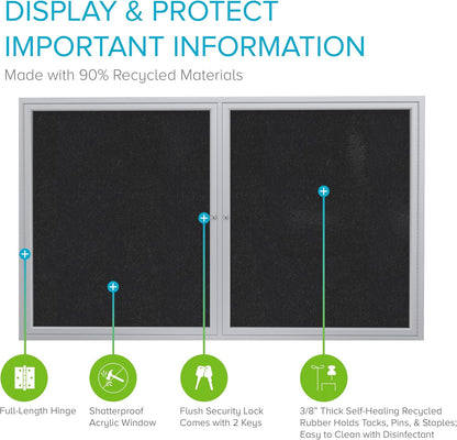 Ghent 36" x 48" 2-Door indoor Enclosed Recycled Rubber Bulletin Board, Shatter Resistant, with Lock, Satin Aluminum Frame,Black (PA234TR-BK) ,Made in the USA