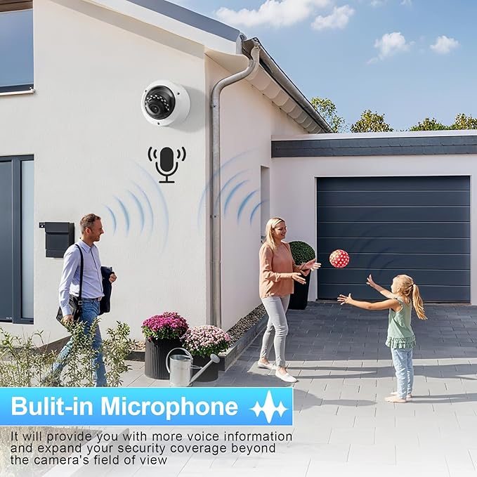 AI 8MP PoE Camera, Vandal-Proof Dome IP Security Camera Outdoor, Human and Vehicle Detection, Night Vision 100ft, 2.8mm Lens Wide Angle 110°, Built-in Mic, No PT Supported. IND8BR54A (White)