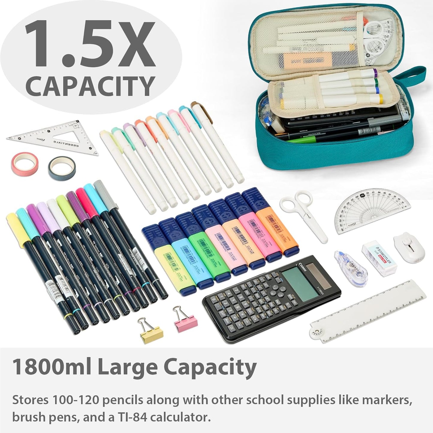 Pencil Case Pouch Box Bag School Supplies Girls Boys Kids, Cute Preppy Stuff Large Big Capacity Aesthetic Pen Organizer, Back to College Stationary, Teal, Standard Stlye, 1800ml