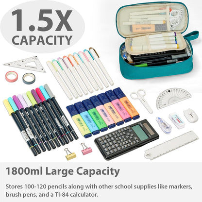 Pencil Case Pouch Box Bag School Supplies Girls Boys Kids, Cute Preppy Stuff Large Big Capacity Aesthetic Pen Organizer, Back to College Stationary, Teal, Standard Stlye, 1800ml
