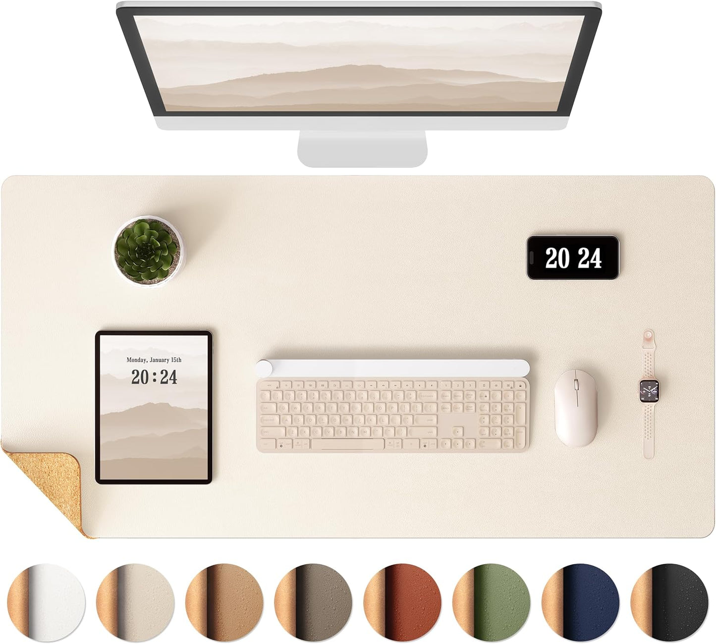 Aothia Dual-Sided Desk Mat - Leather & Cork Desk Protector, Large Mouse Pad & Writing Pad for Office/Home, Waterproof, Beige (35.4" x 15.7")