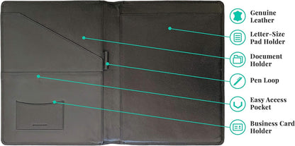 Personalized Premium Genuine Leather Portfolio Folder, Padfolio for Men and Women, with Business Card Holder, Pockets, Pen Loop, Document Organizer - Black