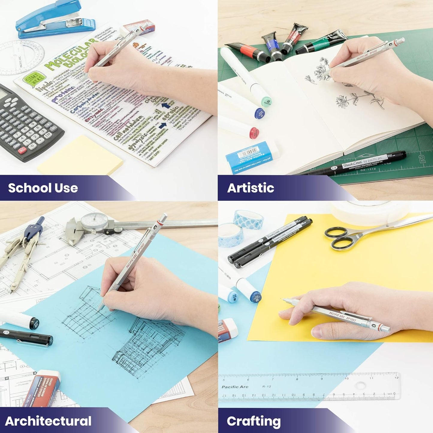 Pacific Arc Chromagraph Metal Mechanical Pencil .3 mm Silver Barrel Mechanical Pencil with Built In Lead Pencil Grade Indicator, Lead Pencil Holder for Drafting, Sketching, and Drawing