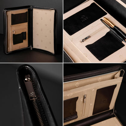 Time Resistance Leather Portfolio - A4 Document Folder - Italian Handcrafted Padfolio Organizer (Black) - Gift Box Included