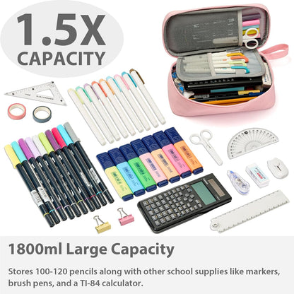 Pencil Case Pouch Box Bag School Supplies Girls Boys Kids, Cute Preppy Stuff Large Big Capacity Aesthetic Pen Organizer, Back to College Stationary, Pink, Classic Stlye, 1800ml