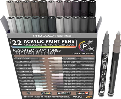 Acrylic Paint Pens 22 Gray Tones Assorted Pro Color Series Markers Set 0.7mm Extra Fine Tip for Rock Painting, Glass, Mugs, Wood, Metal, Canvas, Projects, Non Toxic, Waterbased, Quick Drying