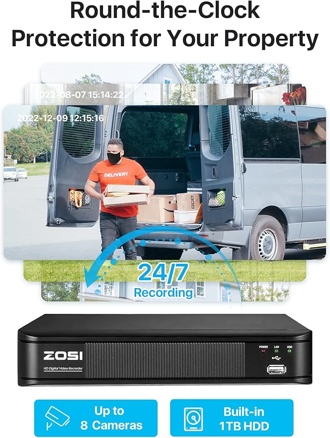 ZOSI 5MP 3K Lite 8 Channel H.265+ Home Security Camera System with AI Human Vehicle Detection, 8CH Surveillance DVR, 8 x 1080p Weatherproof CCTV Dome Camera Outdoor Indoor, 80ft Night Vision, 1TB HDD