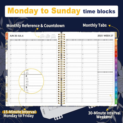 SUNEE 2025-2026 Appointment Book, Quarter-Hourly, Weekly & Monthly - from July 2025 to June 2026, 8.5"x11" Academic Planner, Flexible Cover, Note Pages, Bookmark, Spiral Binding, Vintage