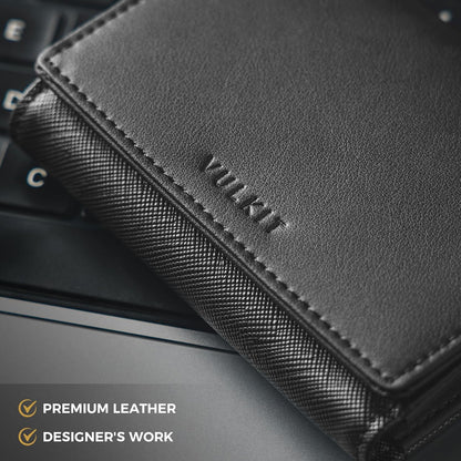 VULKIT Business Card Holder Premium Leather RFID Blocking Card Case With ID Window Magnetic Closure Holds Up to 40 Business Cards