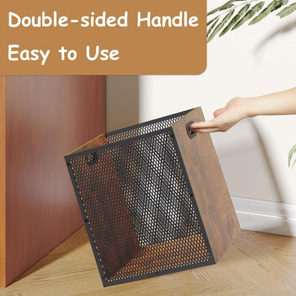 Retro Office Trash Can, Iron and Wood Combination Bedroom Garbage Can, Rectangular Design Wastebasket with Handle, Industrial Style Trash Can for Home Office, 4.5 Gallon (Patent Pending)
