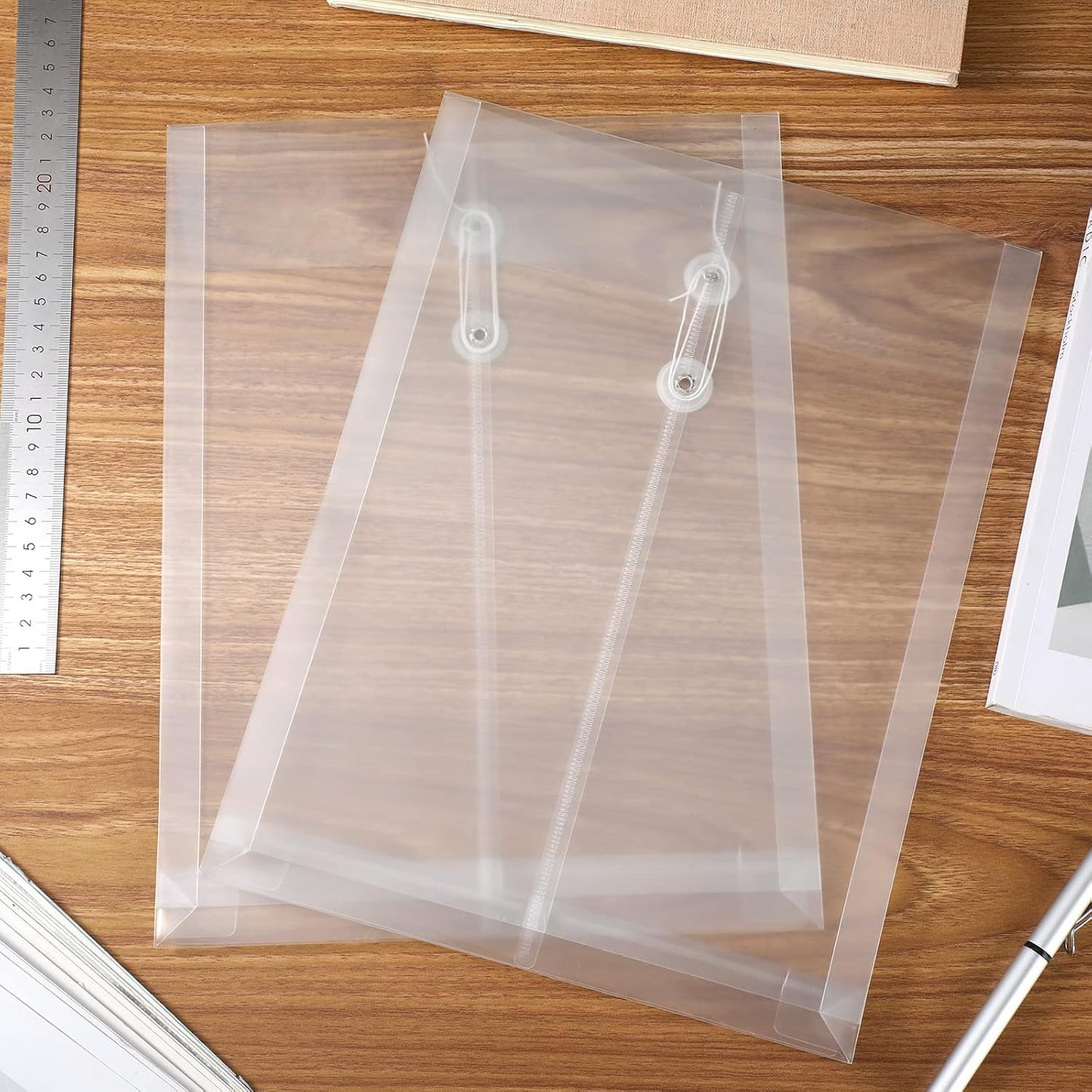 50 Pcs A4 Size Clear Plastic Poly Envelopes with String Closure, Expandable Files Document Folder, Reusable Large Capacity File Bag for School Office and Home(50 Pcs)