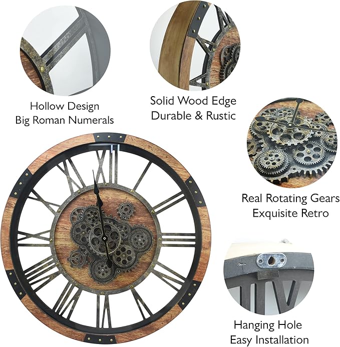 DORBOKER 24" Large Wall Clock with Moving Gears,Oversize Vintage Industrial Rustic Farmhouse Clocks for Living Room Decor Office Home,Solid Wood HD Tempered Glass Cover,Brown
