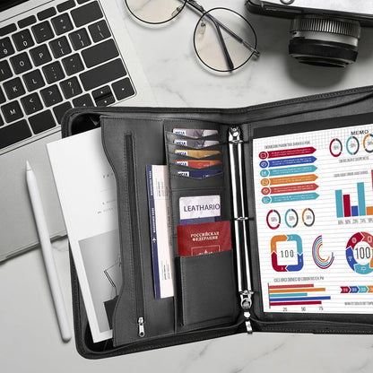 Leathario Portfolio Binder, Includes 10 Sheet Protectors and 3 Notepads, 3-Ring Folder Organizer, A4 Padfolio with Zipper, Vegan Leather Tablet Sleeve, Business Office Conference Clipboards