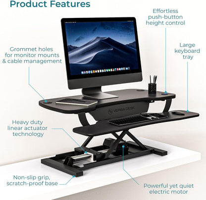 VERSADESK PowerPro™ 36 Inch Electric Standing Desk Converter, Height Adjustable Sit to Stand Up Desk Riser, Laptop and Dual Monitor Desktop Workstation with Wide Keyboard Tray and USB Port, Black