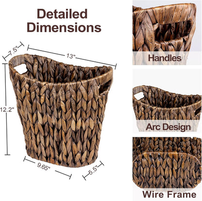 FairyHaus Wicker Waste Basket with Handle, Hand-Woven Water Hyacinth Trash Can for Bathroom Bedroom, Brown Wicker Storage 13 x 7.5 x12.2