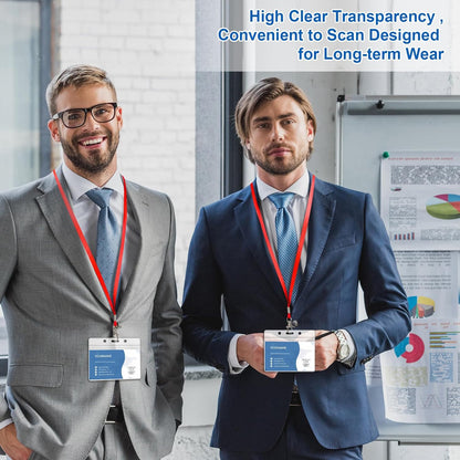 100 Pack Lanyards for ID Badges with Clear Name Tags, Reusable Lanyards Horizontal ID Card Badge Holders Plastic Name Badges for Men Women Kids Business School and Office Supplies (Red)