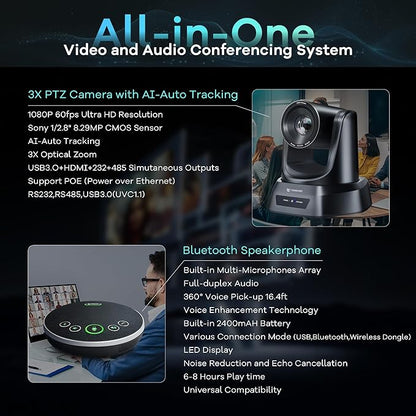 TONGVEO AI Auto-Tracking PTZ Conference Camera System with Bluetooth Microphones, 3X Optical Zoom USB3.0 1080P 60fps, 93° Wide-Angle All-in-One Video Conference Solution for Church & Office