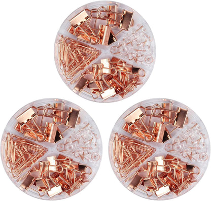 Paper Clips and Binder Clips Set, 3 Pack, 216 pcs, Metal Assorted Sized Binders with Push Pins, Cute Rose Gold Office Supplies for Desk, Desk Accessories