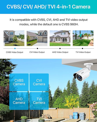 ZOSI 1080P 2.0MP HD 1920TVL Hybrid 4-in-1 TVI/CVI/AHD/960H CVBS CCTV Security Camera Indoor Outdoor, 80ft Night Vision,Aluminum Metal Cam, For 960H,720P,1080P,5MP,4K analog Surveillance DVR (White)