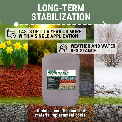 Ground Glue Tech-Tonic Landscape Adhesive for Rock, Mulch, and Sand, Weatherproof Long-Lasting Stabilizer for Trails & Slopes, Pet-Safe Binder for Pea Gravel, Bark & Flower Beds, 5 Gallon Tote