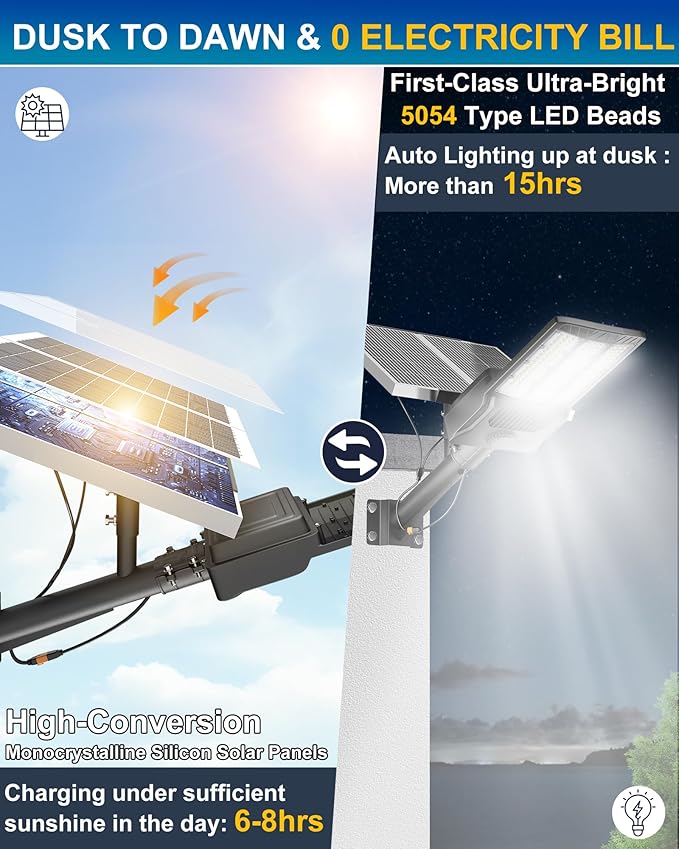 Gefolly SL-11000W Solar Street Lights Outdoor, 800000LM Commercial Parking Lot Light Dusk to Dawn IP67 Waterproof 6500K Security Flood Lights Lamp for Yard, Road, Basketball Courts